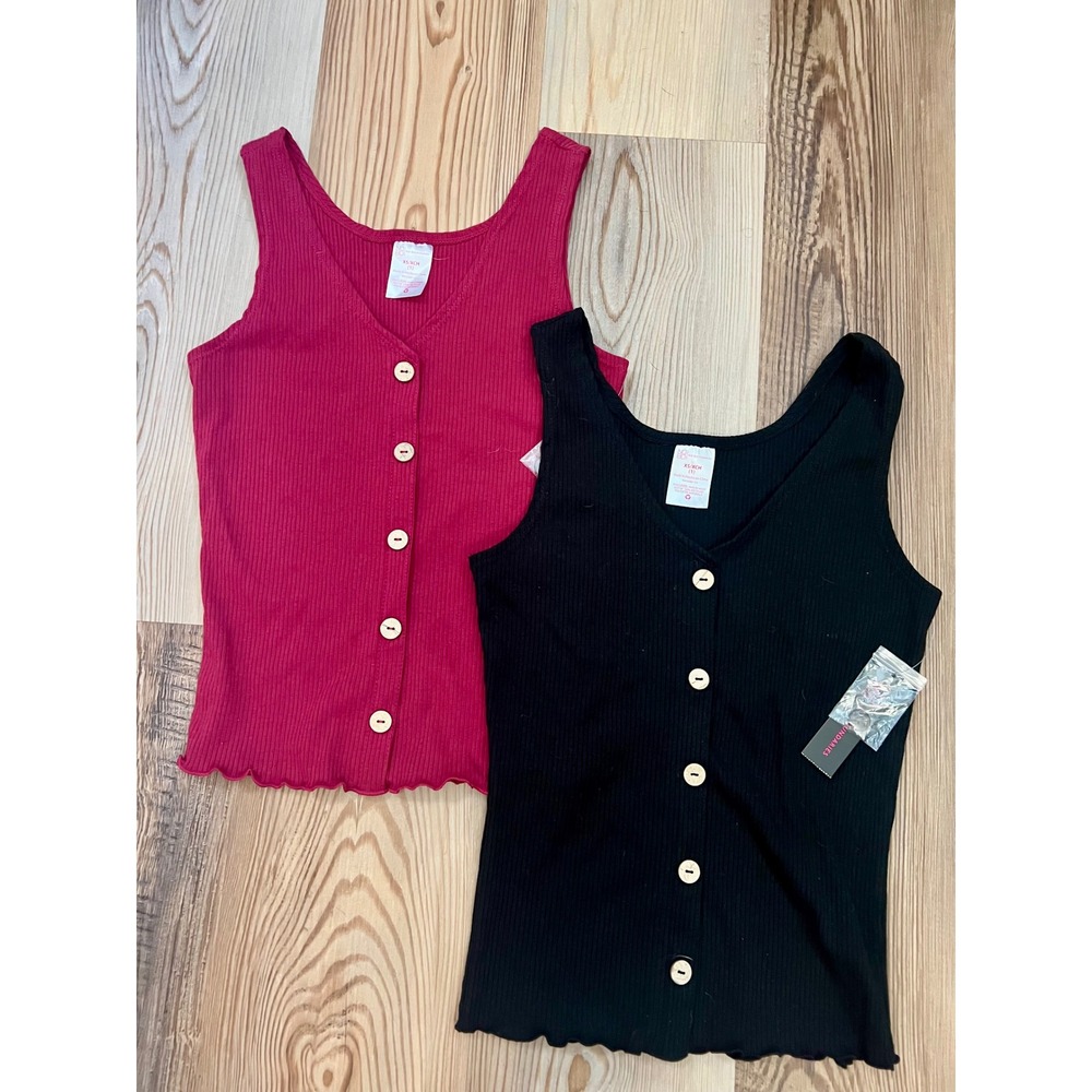 No Boundaries Ribbed Tank Top 2 Pack Black Burgundy Button Front Lettuce Hem XS